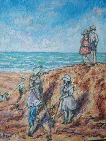 Les enfants &agrave; la plage ( huile sur toile 38 x 46 cm )